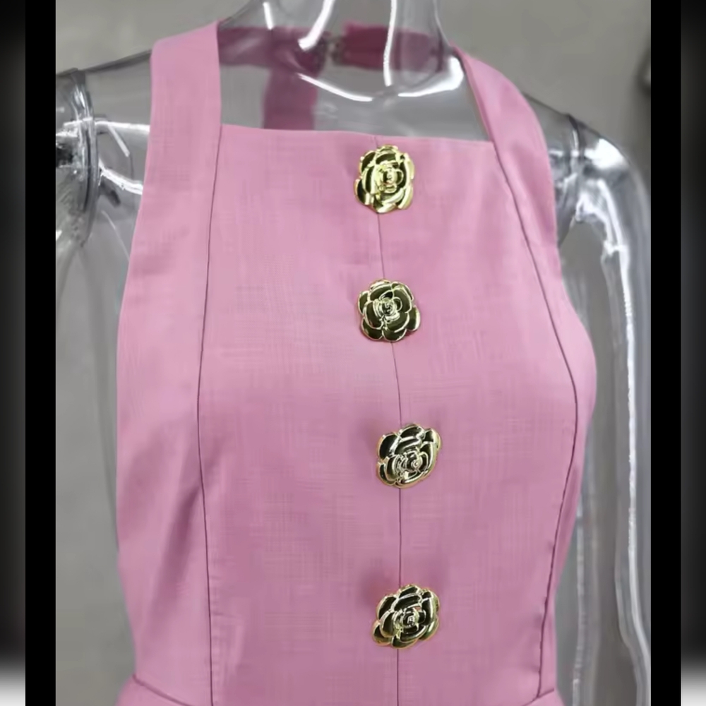 Pink One-Shoulder Dress with Gold Accents - Picture 4 of 5